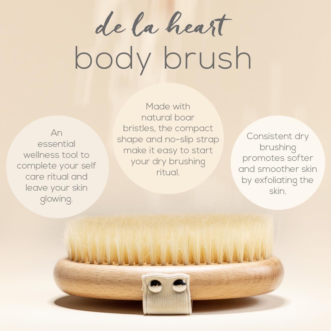 de La Heart Body Brush with No-Slip Strap | Dry Brushing Tool for Skin Exfoliation & Radiance | Natural Bristles for Smooth, Glowing Skin | Lymphatic Drainage & Circulation Massage Brush