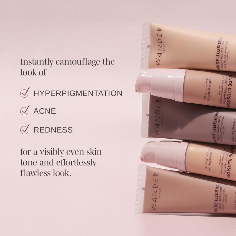 Wander Beauty Nude Illusion Liquid Foundation - Fair - Medium to Full Coverage Foundation - Natural Makeup with Vitamin E & Macadamia - Nude Skin Finish Blurs & Conceals - Travel-Friendly - 1.01 fl oz