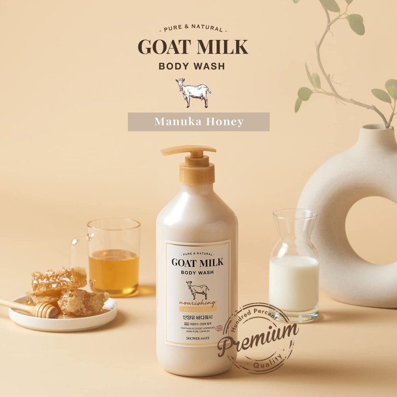 SHOWERMATE Premium Goat Milk Body Wash Manuka Honey For Smooth Skin, Moisturizing PH Balancing Body Cleanser with Probiotics Honey, Herb Pure Complex, 27 Fl Oz, Pack Of 2
