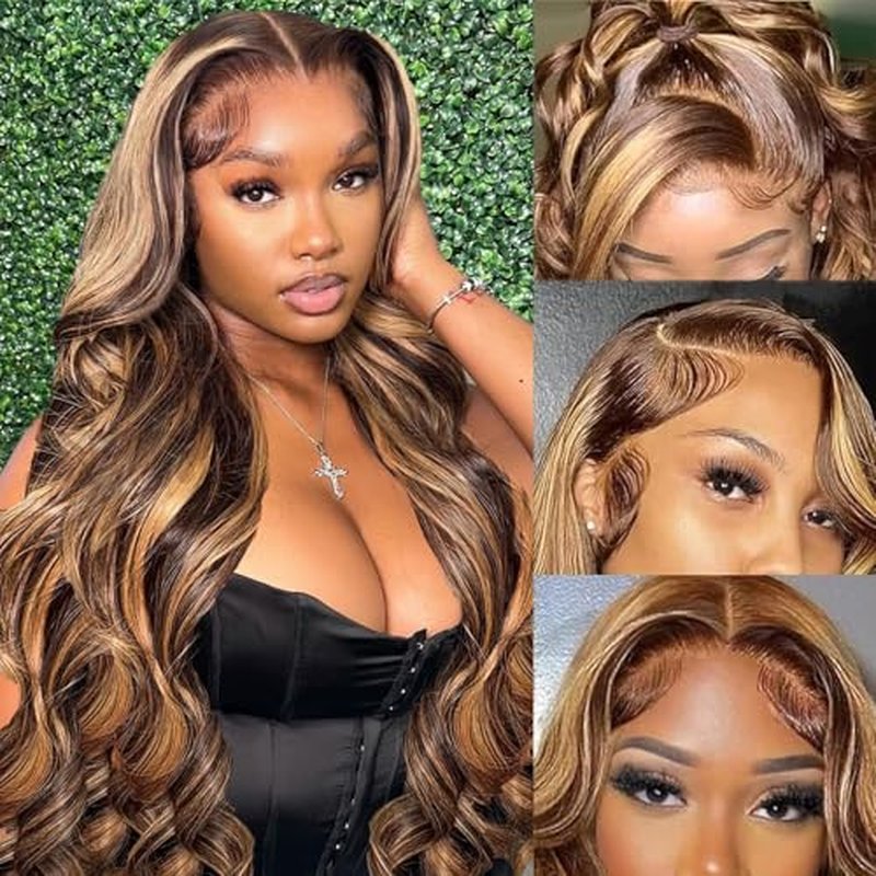 Honey Blonde Ombre Lace Front Wig Human Hair Highlight Body Wave 13X6 Lace Front Wigs 180 Density Glueless 4/27 Highlighted Human Hair Wig 26 Inch
