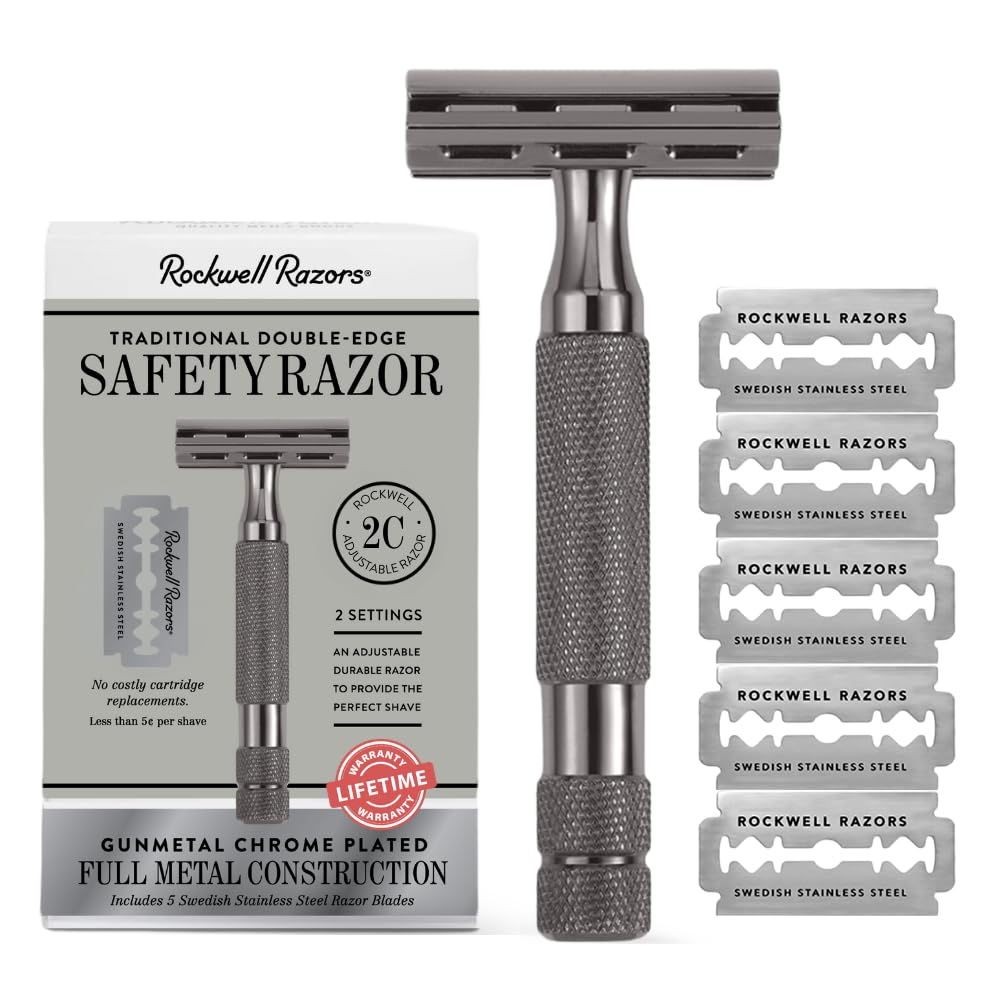 ROCKWELL RAZORS 2C Gunmetal Chrome Double Edge Safety Razor With Adjustable Shave Settings and 5 Fully Recyclable Razor Blades. Reusable Safety Razors for Men and Women