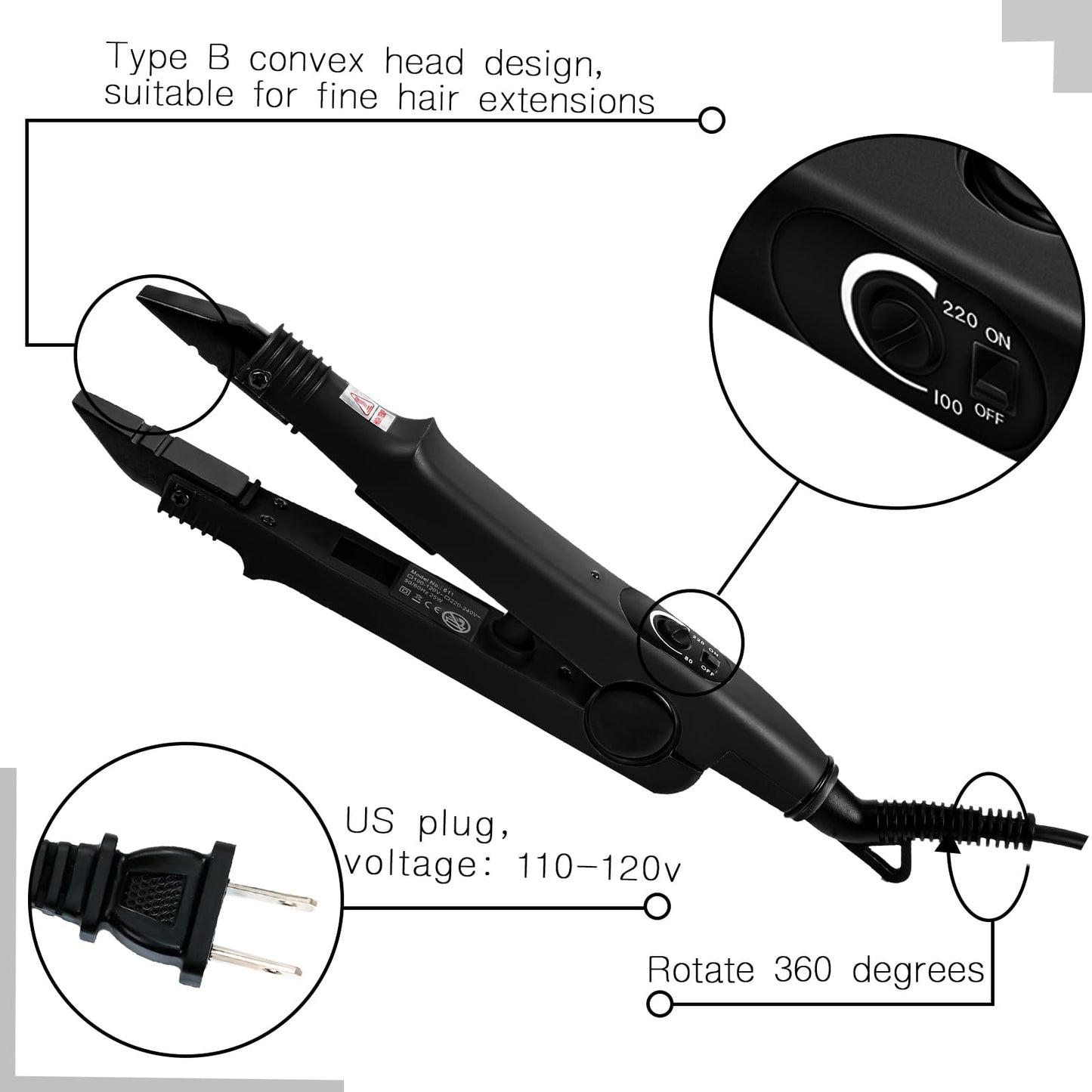 Lothee Hair Extension Tool with Keratin Glue Granule Beads, US Plug, Professional Hair Extensions Tools Heat Iron Connector Wand for U Tip Hair Extensions, B Head (Black)