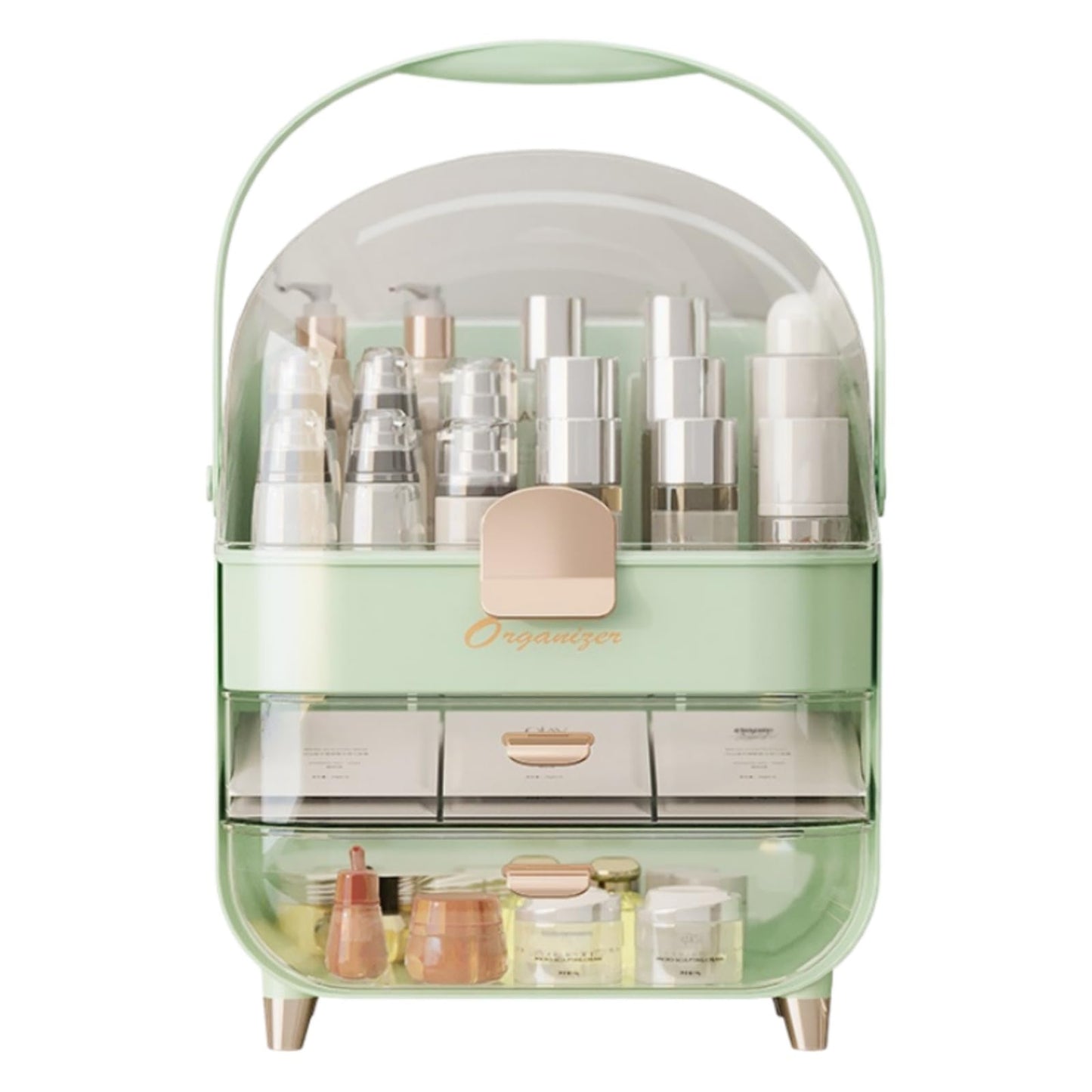 XAIODRAGONSKY Makeup Organizer, Skincare Organizers with Clear Lid & 2 Drawers and 360° Rotating Brush Holder