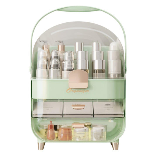 XAIODRAGONSKY Makeup Organizer, Skincare Organizers with Clear Lid & 2 Drawers and 360° Rotating Brush Holder