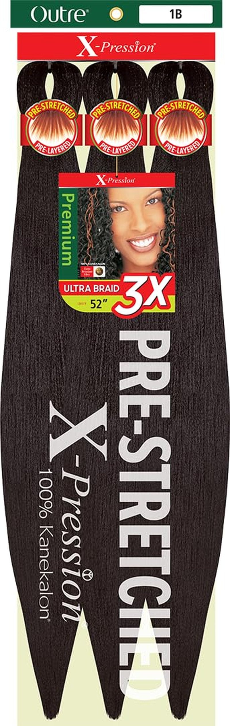 Outre X-Pression Braid - Pre Stretched Braid 52" 3X (5 Pack, OFF BLACK 1B)