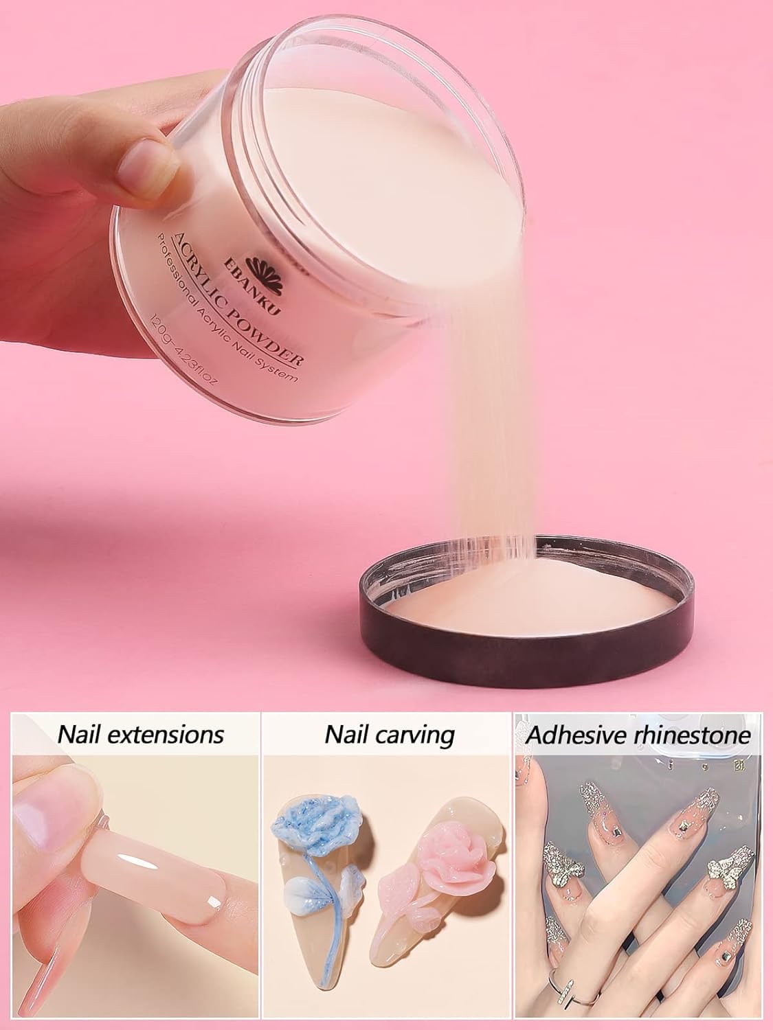 EBANKU Acrylic Powder Set Nude Pink Milky White Clear Big Capacity 4.23oz*4