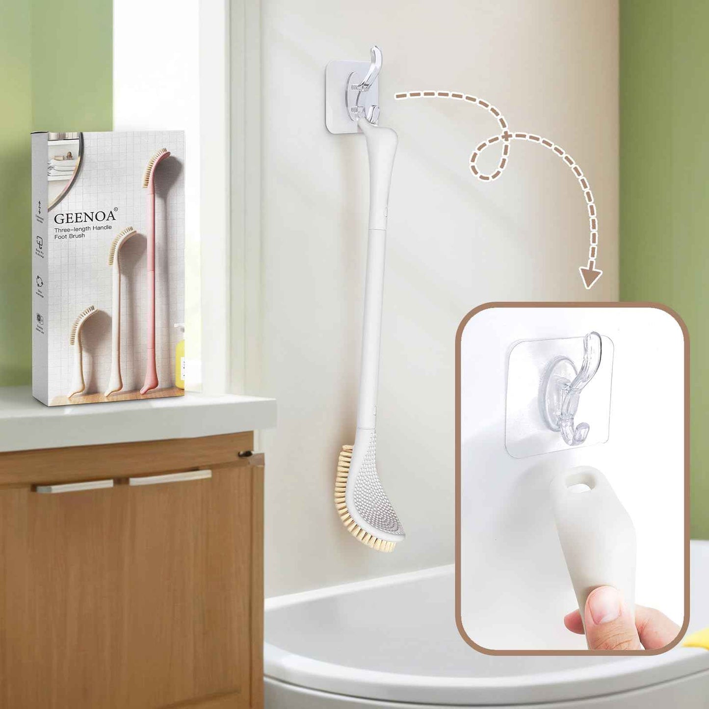 GEENOA New Foot Brush with Adjustable Long Handle, 3-in-1 Foot Scrubber for Wet or Dry Brushing, 10.2’’- 27.5’’ Foot Scrub Brush for Senior, Pregnant, Disabled, or Injured, Gift-Box Packed(White)