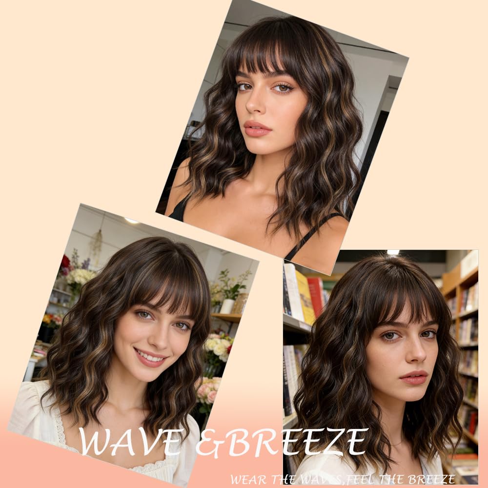 Brown Highlights Blonde Wig with Bangs for Women,14 Inch Wavy Bob Hair