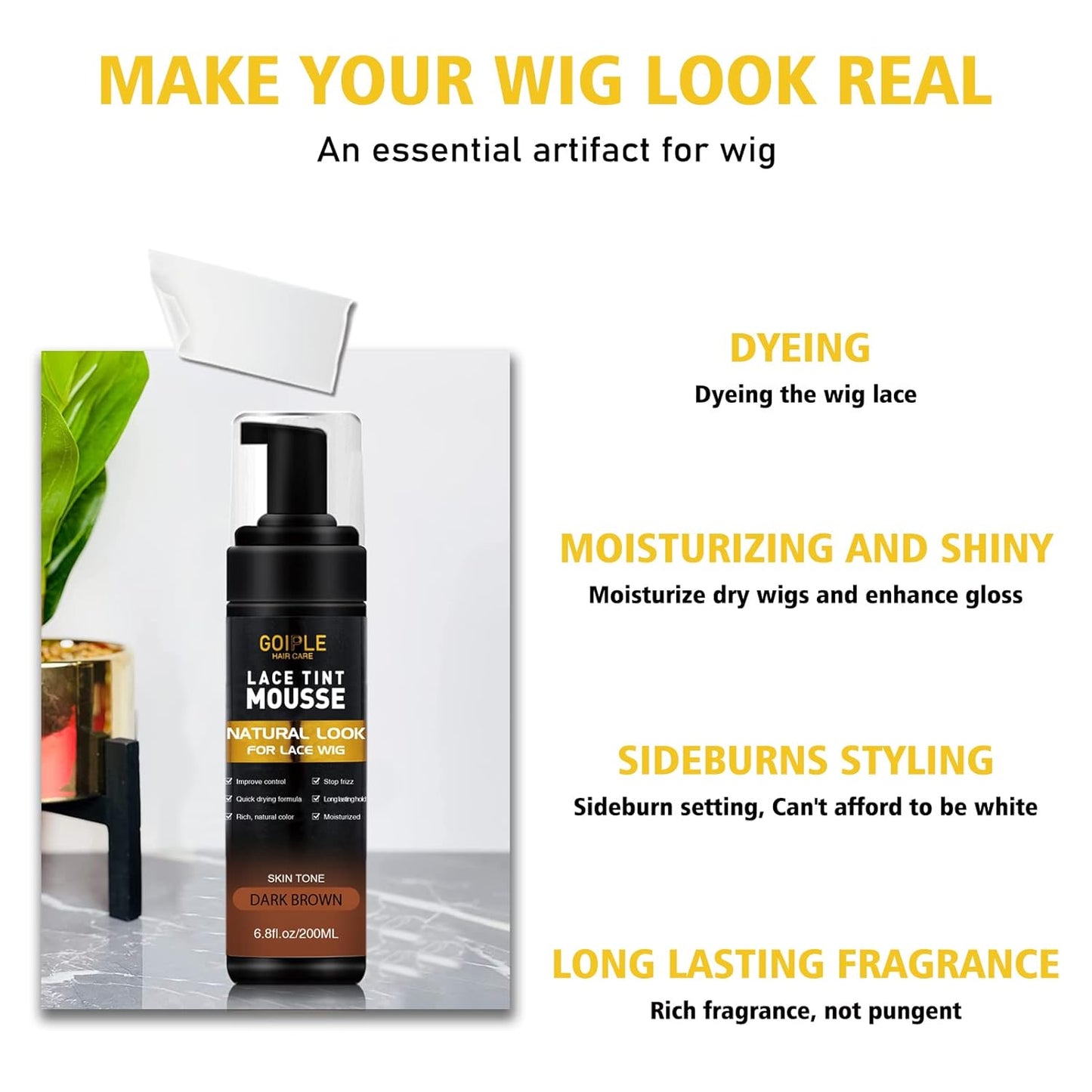 Lace Tint Melting Hair Mousse, 6.8 fl oz Lace Tint Mousse for Women Hair Wig Lace Wigs Toupees and Hairpieces Natural Finishing Lace Color, Lace Tint Mousse for Wigs Melts Lace Foam Tint(Medium Brown)