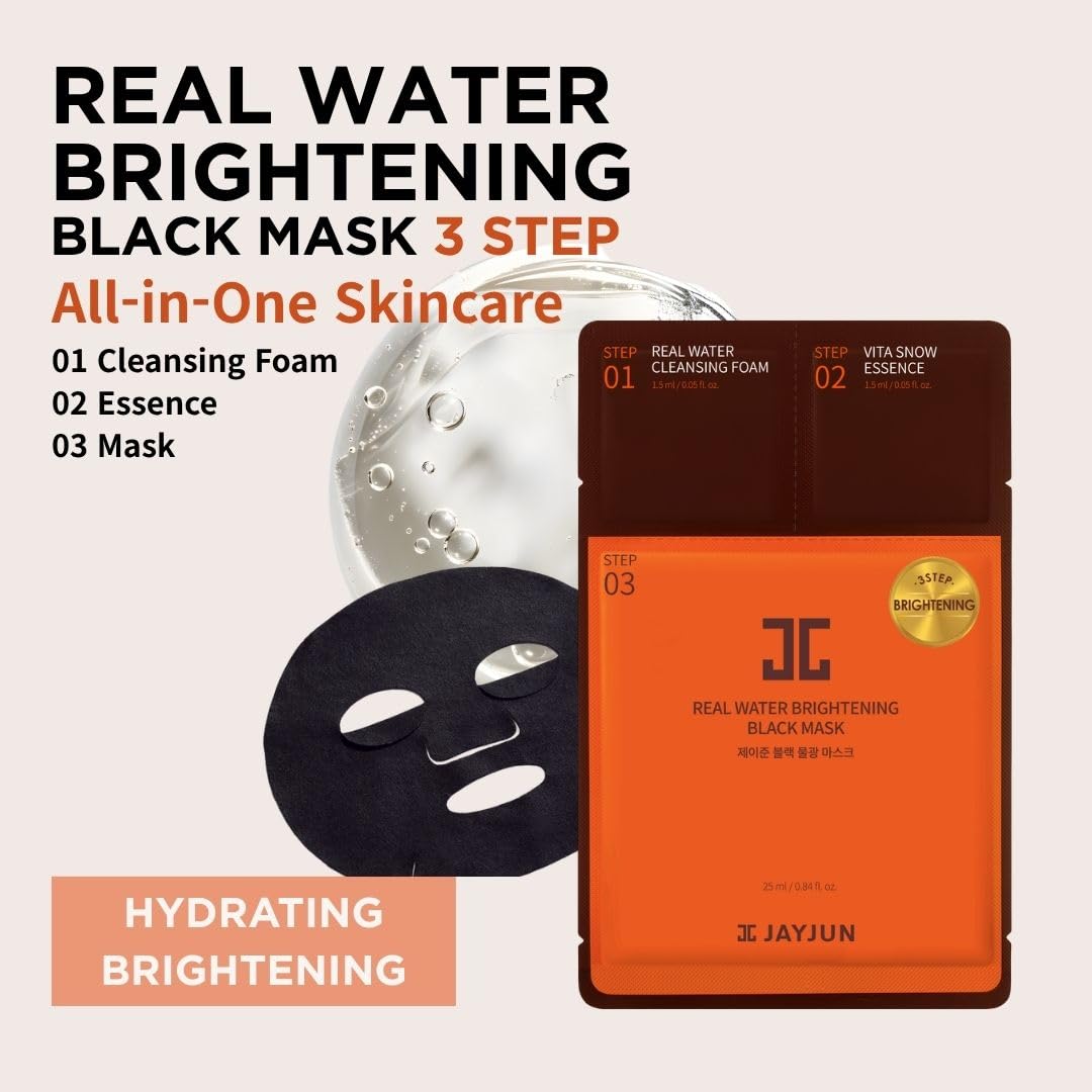 JAYJUN Real Water Brightening Black Mask, Pack of 10 Sheets, 25ml, 0.84 fl. oz., Brightening, Hydrating, Sheet Mask, 3 Step