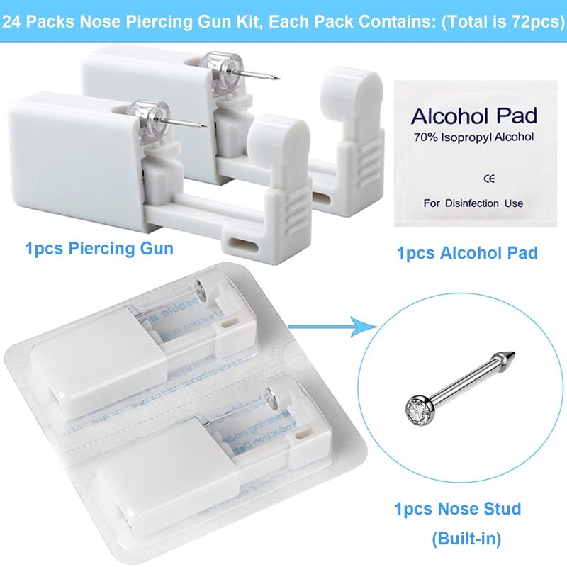 Nose Piercing Gun Kit - 72 Pcs Disposable Set with Self-Piercing Gun, Nose Studs & Cleaning Tools | Ideal for Cartilage, Tragus & Helix Piercings