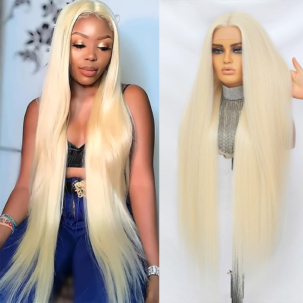 Felek Super Long Blonde Straight T Part Lace Wigs 40 Inch Long Hair 13x4x1 T Lace Front Wigs Heat Resistant Fiber Glueless Pre-Plucked Natural Hairline Lace Wig For Fashion Women/Girls(#613)