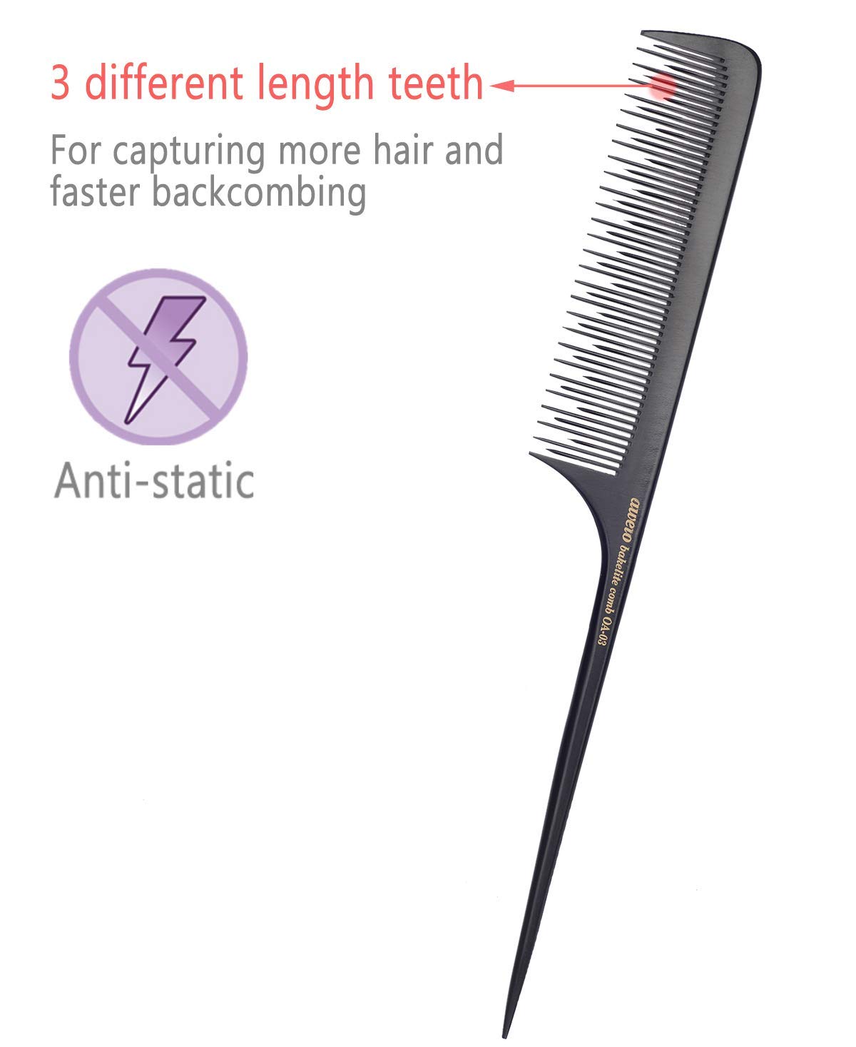 PERFEHAIR Teasing Comb for Fine Hair-Pack of 2, Anti-static Bakelite Tease Rat Tail Combs Tool for Back Combing, Parting, Root Teasing, Adding Volume