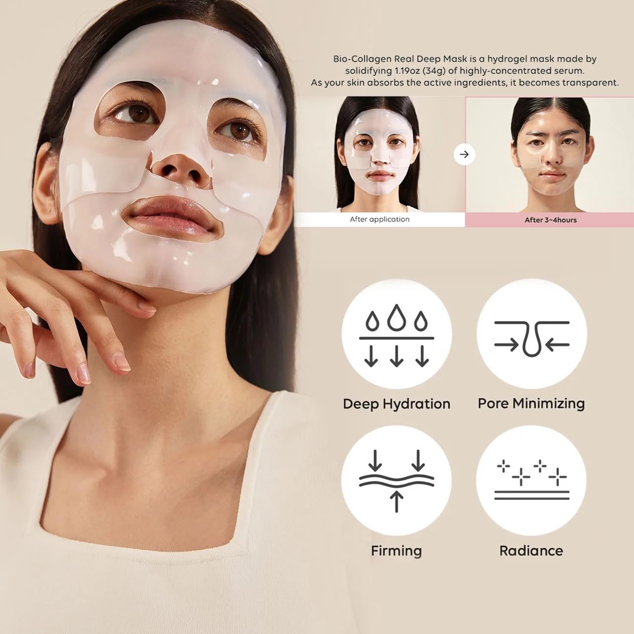 Hydrating Deep Collagen Mask, 45g x4, Hyaluronic Acid, Tightens Pores, Reduces Lines, Overnight
