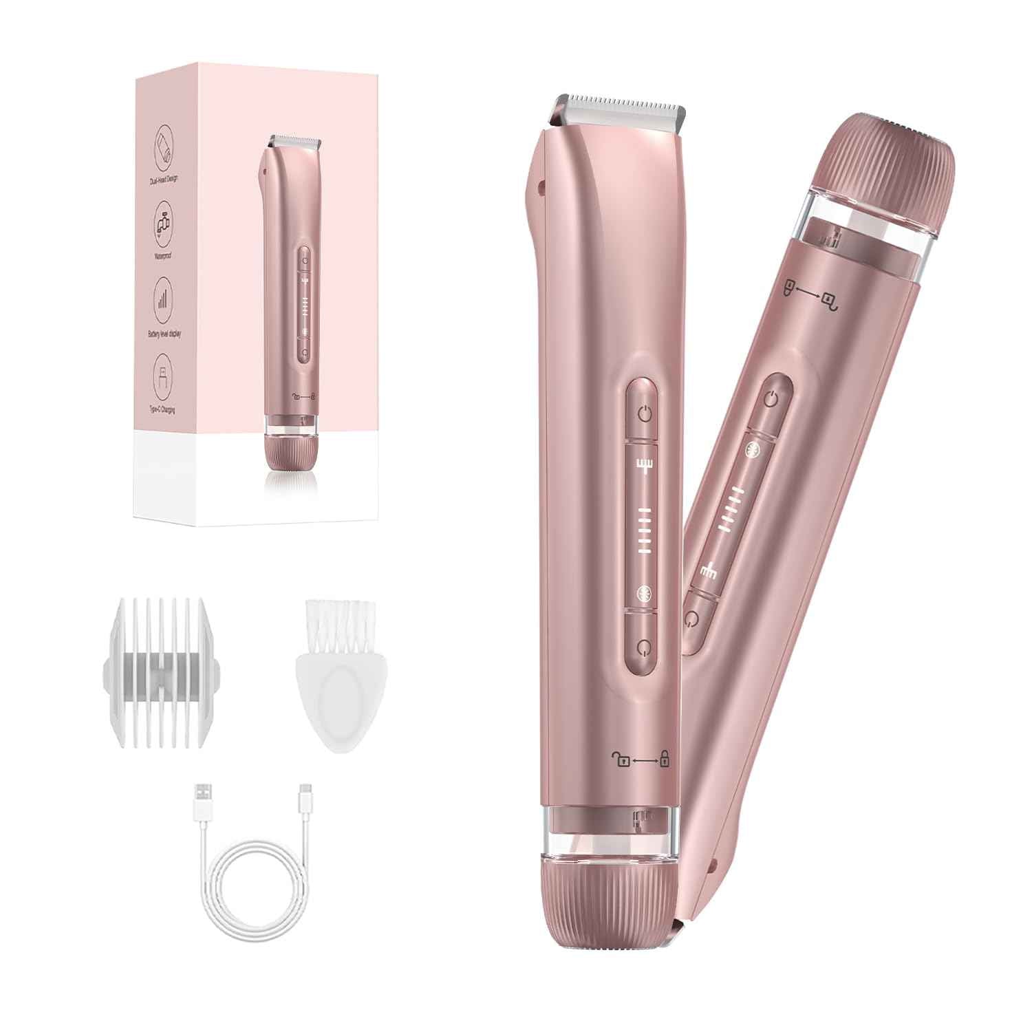 2 in 1 Women Electric Shaver Dual Head Bikini Trimmer for Women IPX7 Waterproof Wet & Dry Use Body Hair Trimmer Replaceable Hair Remover for Bikini Underarm Leg Arm Body Face, Pink