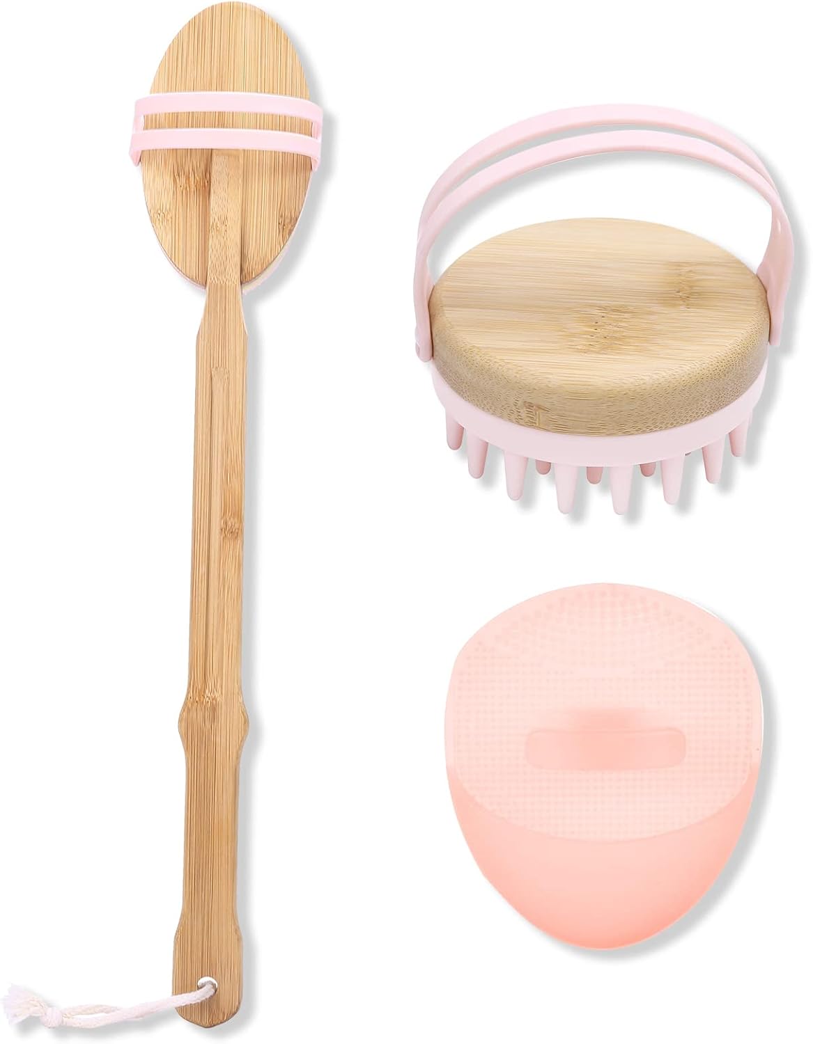 Silicon Bath Scrubber Kit - Scalp, Body, Back & Face Massager | Gentle Exfoliating, Easy to Clean, Long Lasting (Pink)