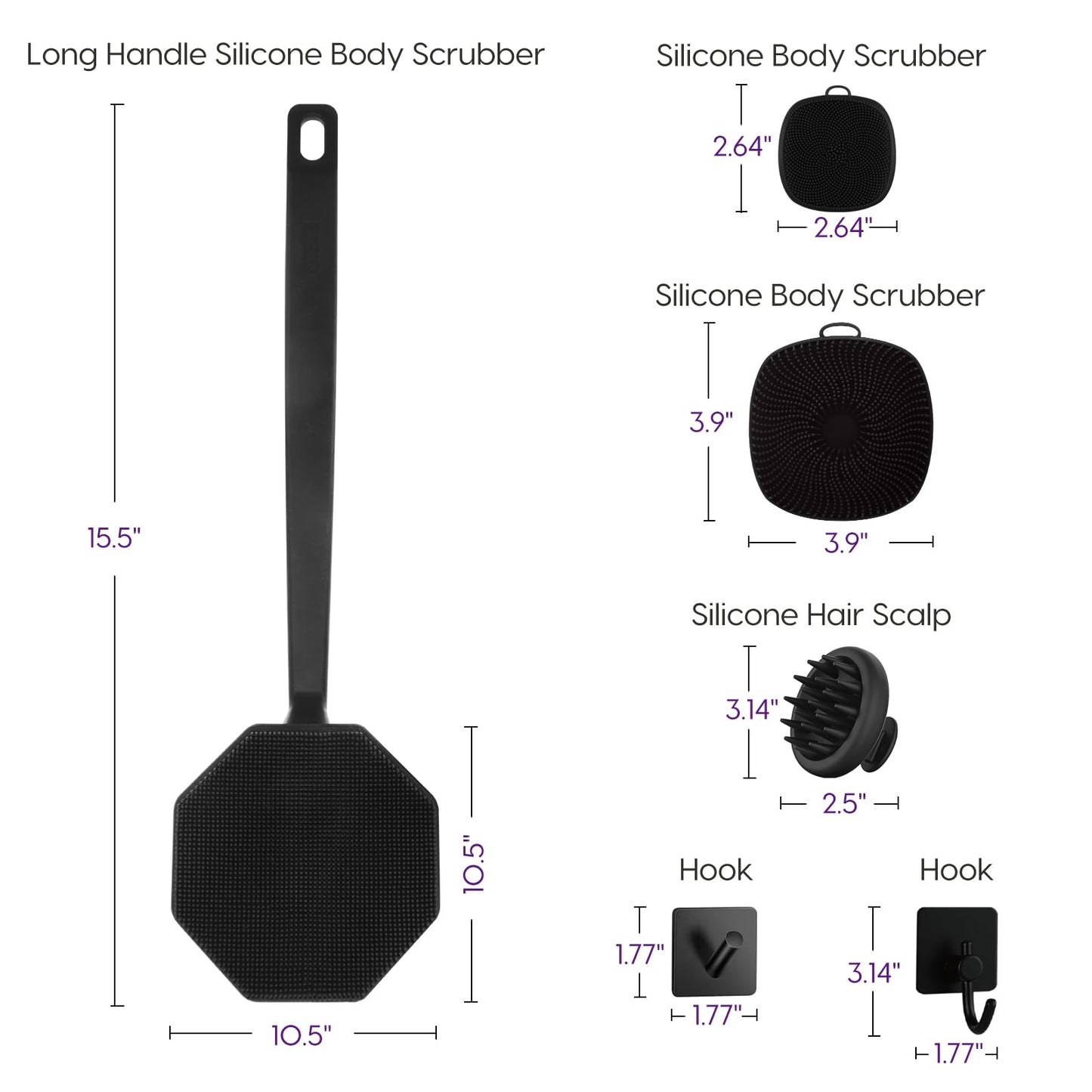 Silicone Body Scrubber Set ，Includes Back & Body Scrubbers, Face Brush, Scalp Massager, 4 Storage Hooks, Shower & Bathroom Hygiene Accessories for Gift(Black) (D)
