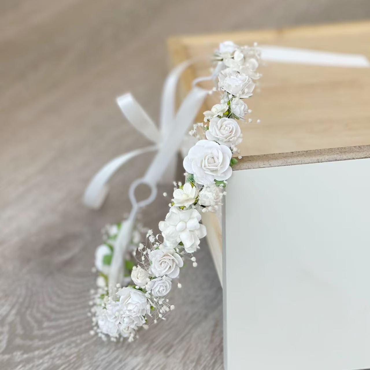 PoshMyra White Flower Girl Crown with Baby's Breath Headpiece Young Girl Communion Floral Hair Wreath Rustic Wedding Hair Accessories Headband for Child(43cm length)