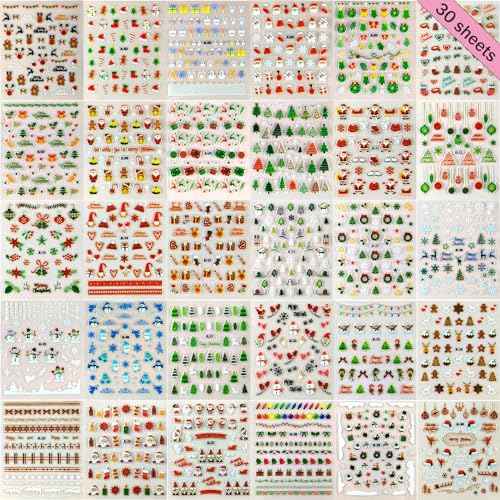 Christmas Nail Art Stickers 30 Sheets Christmas Nail Decals 3D Self Adhesive Santa Claus Elk Snowman Christmas Tree Nail Art Supplies Winter Nail Stickers for Women DIY Acrylic Nail Decorations