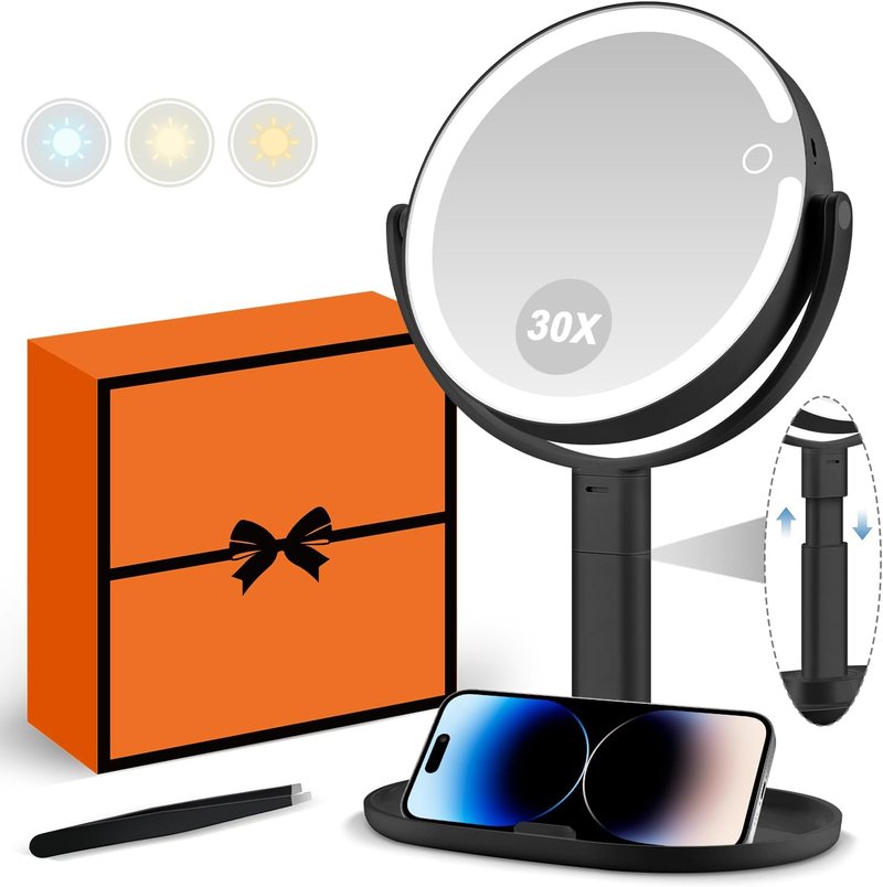 Makeup Mirror with Lights - 30X Magnifying Vanity Mirror | Adjustable Height, 3 Color Modes, 80 LEDs - Black