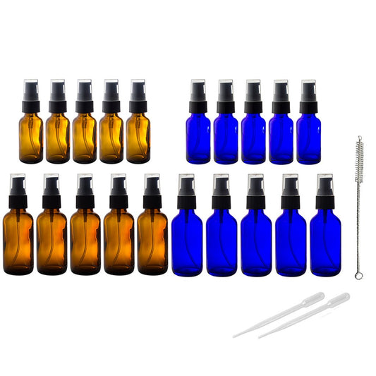JUVITUS Amber & Cobalt Blue Glass Bottles Treatment Pump 20 PCS Set Kit