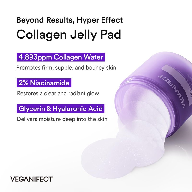 VEGANIFECT Collagen Peptide Jelly Toner Pads | Dual-Function Skincare for Wrinkle Care | Pore Tightening, Elasticity Boost, and Glow Radiance, Korean Skincare | 6.76 fl.oz.(200ml)*70Pads