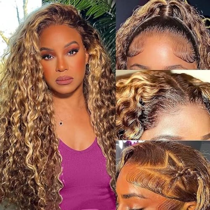 Ombre Highlight Deep Wave Lace Front Wigs Human Hair 4/27 Colored Pre Plucked 13x6 HD Transparent Lace Frontal Wigs Honey Blonde Curly Wig for Women 180% Density Glueless Wig with Baby Hair 26 Inch