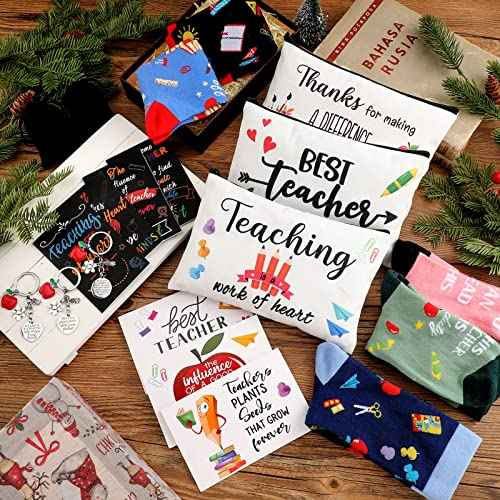 Eaasty 36 Sets Teacher Appreciation Gifts Bulk Makeup Pouch Cosmetic Pencil Bag Keychains Inspirational Notebooks Cards and Socks for Teacher Appreciation Graduation Gifts