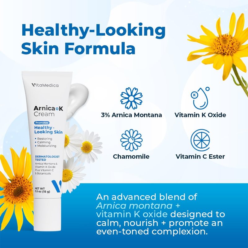 VitaMedica Arnica + Vitamin K Cream for Face & Under-Eye, Lightweight Sensitive-Skin Formula, 0.5 oz