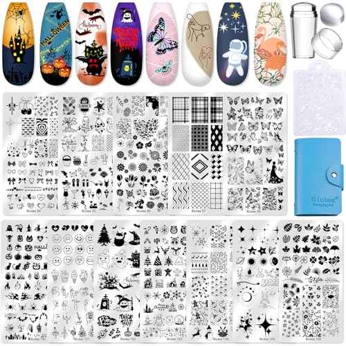 Biutee Nail Stamping Plate 16Pcs Nail Stamper Kit 12Pcs Nail Art Stamp Plates with Silicone Stamper, Scraper & Storage Bag, Stamping Plates Star Plaid Flower Butterfly Template Halloween Design Gift