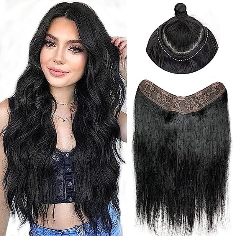 Jet Black 26 Inch Clip Human Hair Extensions 3/4 Full Head Body Wave Double Weft 120G One Piece Clip in V Shape Invisible Hairpiece Seamless Curly Extension