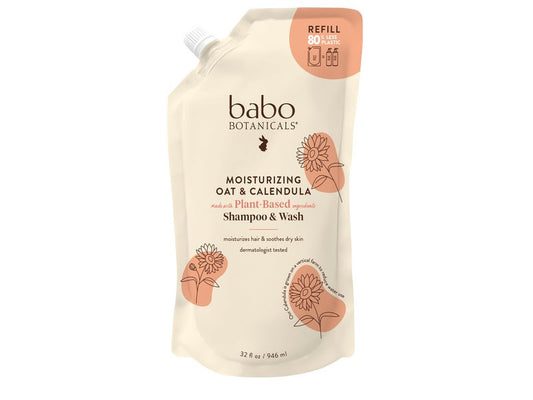 BABO Botanicals Moisturizing Oat & Calendula 2-in-1 Shampoo & Wash - for Dry or Sensitive Skin - for All Ages - Lightly Scented - Vegan - Refill pouch 32 fl.oz.