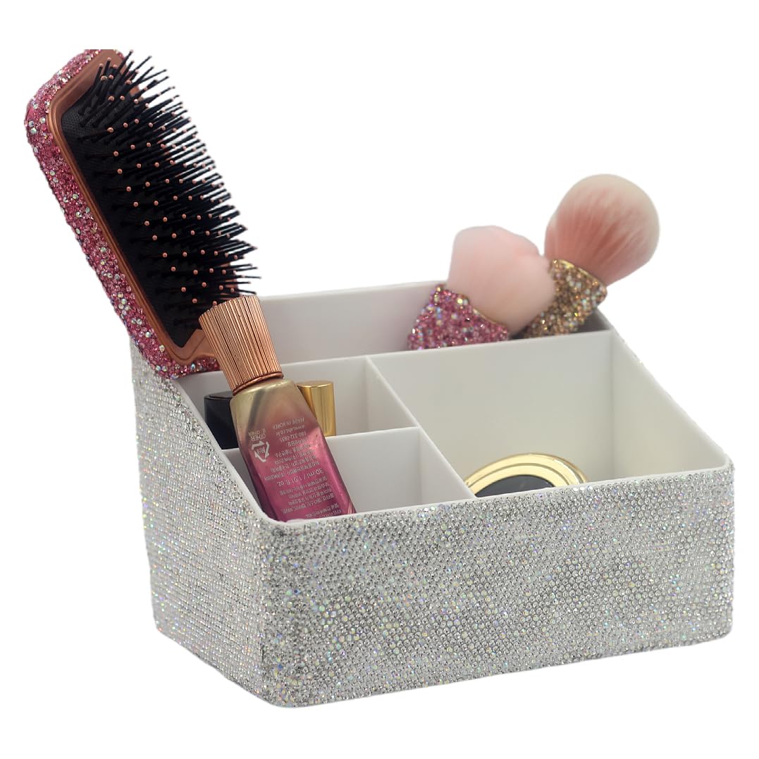 Bestbling Luxury Bling Rhinestone Multi-functional Organizer Storage– Large Capacity makeup Brushes Lipsticks Storage Box with Compartments for Living Room. Bedroom and office (Siver)