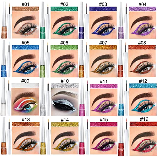 BONNIE CHOICE 16 Colors Glitter Eyeliner Liquid Set, Metallic Glitter Liquid Eyeshadow, Waterproof Long Lasting White Silver Rose Gold Pink Colorful Rainbow Eyeliners Christmas Gifts for Women