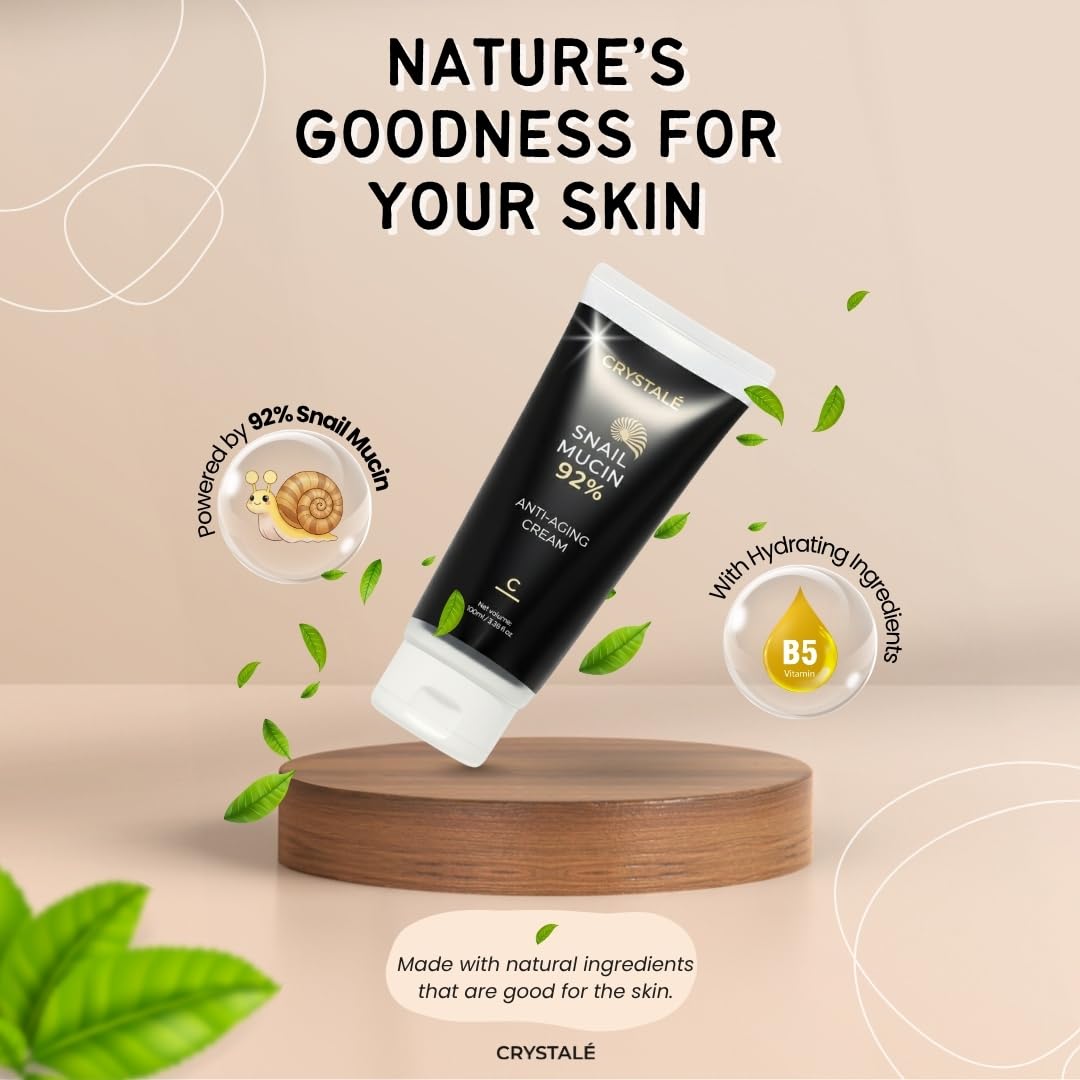 CRYSTALÉ Snail Mucin Filtrate 92% Hydrating Face Moisturizer Gel Cream for Korean Skin Care Beauty Routine with Niacinamide and Panthenol, Deep Hydration Formula for Face, Hands and Body, 3.38 fl.oz