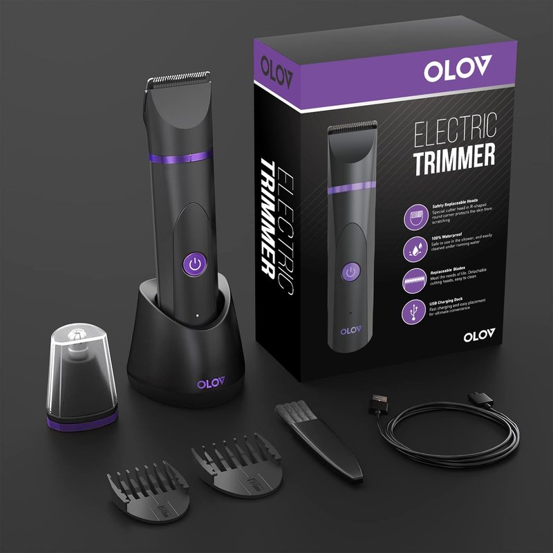 OLOV Electric Body Hair Trimmer - Groin Trimmer for Men - Bikini Trimmer Women - Wet/Dry Shaver Groomer, Replaceable Ceramic Blade Heads, USB Recharge Dock, Waterproof Hygiene Razor, Black Violet