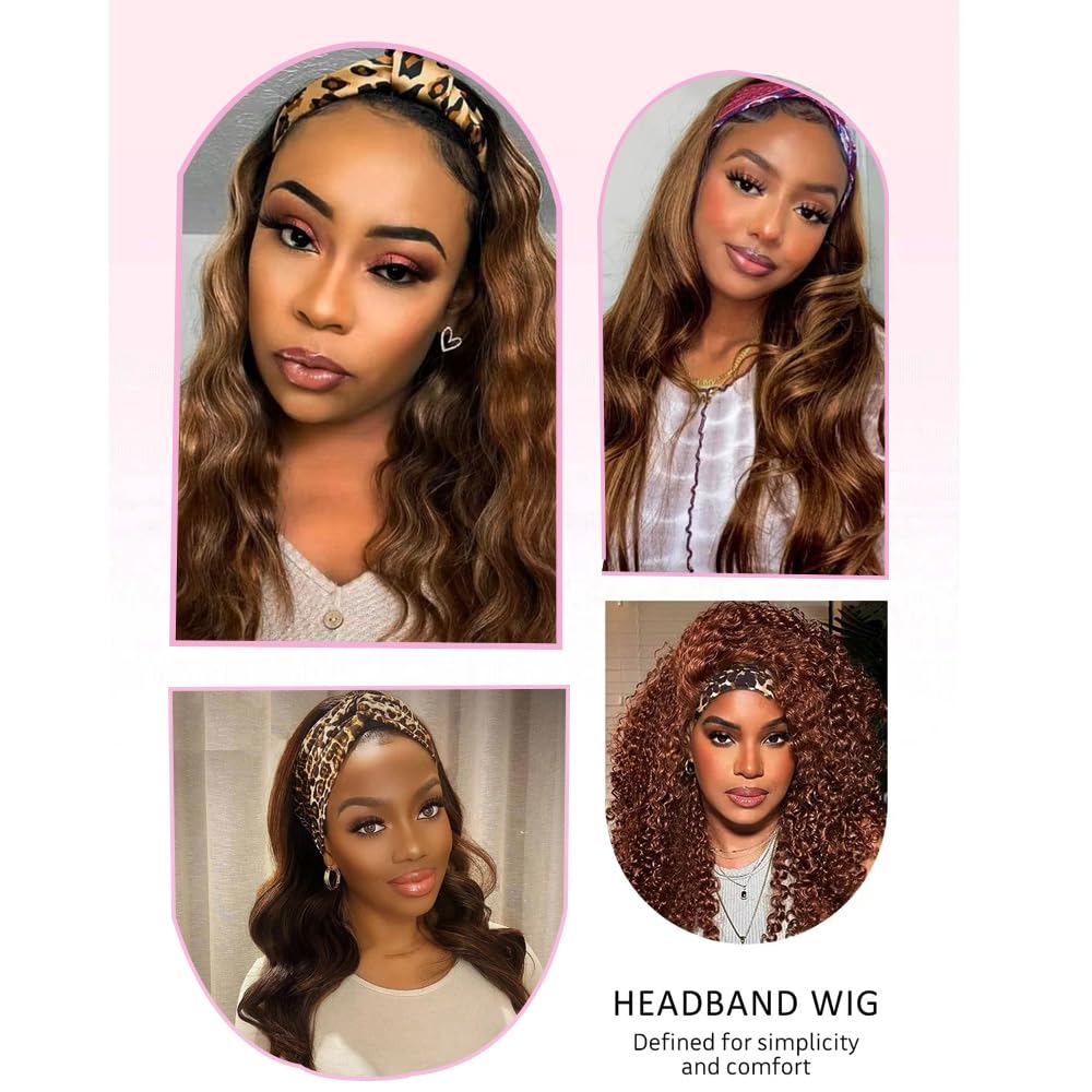 Emistar Curly Headband Wigs for Black Women Wet and Wavy Afro Headband Wig Water Wave Blend Human Hair & Synthetic Hair Ready to Go Glueless Half Wigs 180% Density (Natural Color-#4B, 16 Inch)