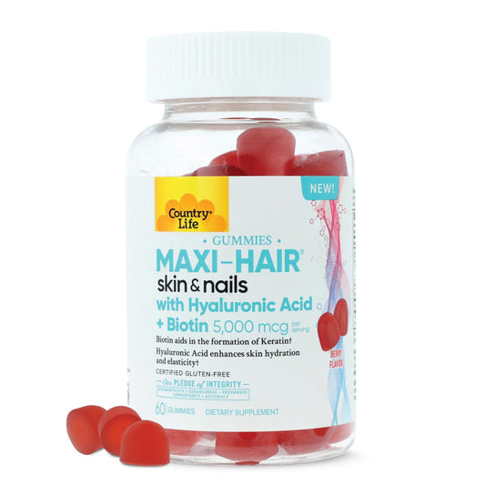 Country Life Maxi-Hair Skin & Nails Gummies with Hyaluronic Acid & Biotin 5,000 mcg – Supports Hair Growth, Skin Hydration & Nail Strength – Vegan, Gluten Free – 60 Gummies