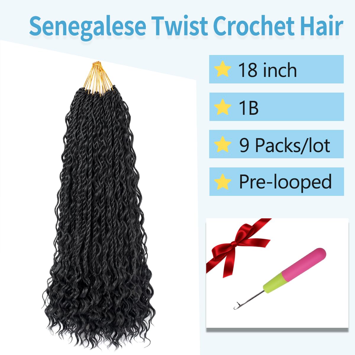 Senegalese Twist Crochet Hair - 18 Inch Natural Black Boho Braids | Curly Ends (9 Packs)