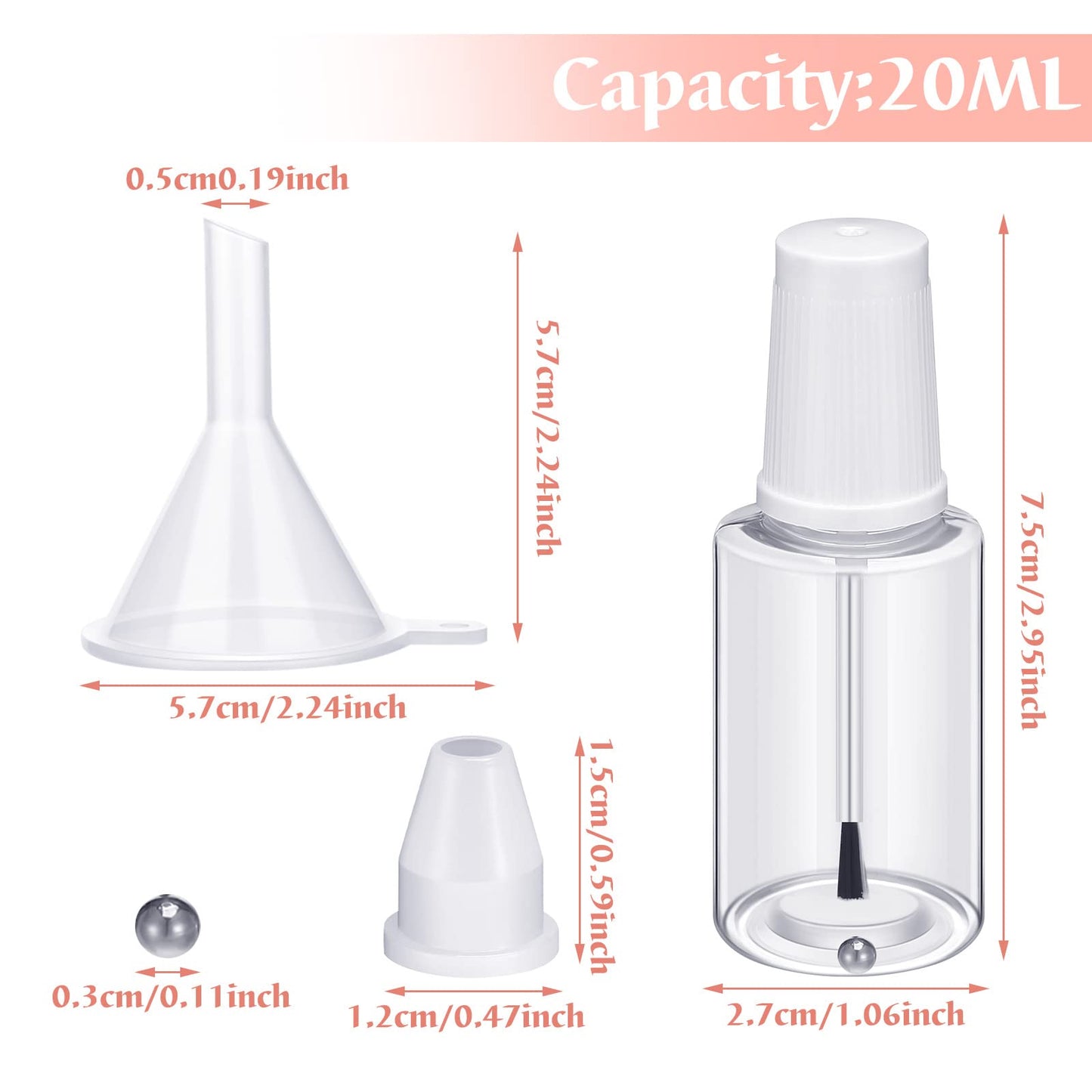 Irenare 10 Pcs Refillable Empty Nail Polish Bottles with Brush Mixing Marble Conservation Insert and Brush Top Plastic Nail Polish Container, Clear (20 ml)