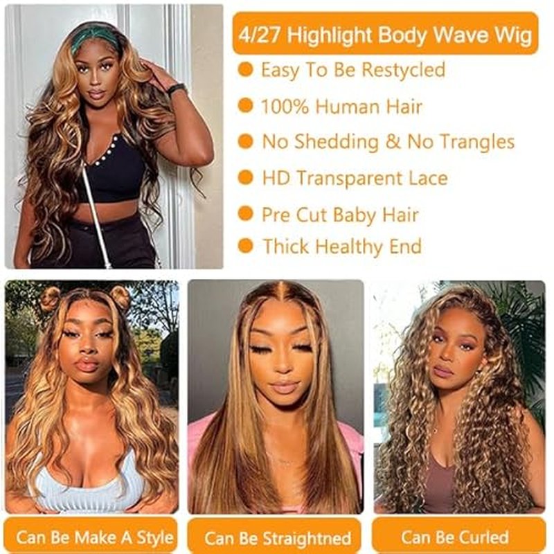 Highlight Ombre Lace Front Wig Human Hair 13x4 HD Transparent 180% Density Body Wave Wigs Human Hair with Baby Hair Pre Plucked for Women 4/27 Honey Blonde Lace Frontal Colored Wigs (26Inch)