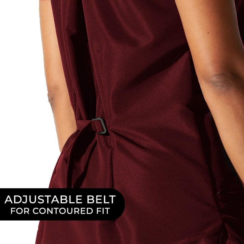 Betty Dain Professional Zip Front Salon Stylist Vest, V-Neck, Iridescent Fabric, Adjustable Belt, Two Lower Pockets with Zippered Bottoms, Lightweight, Machine Washable Nylon, Burgundy, XL