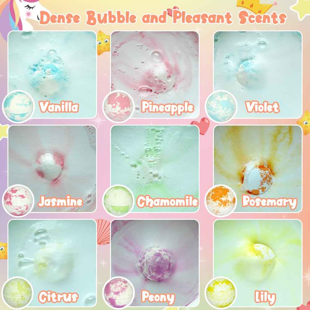 KAV Girls Bath Bombs Set of 9 — Surprise Bracelet Bath Bombs for Kids & Tweens, Fizzy Colorful Bath Fizzies with Collectible Bracelet Inside, Kid-Safe Scents & Moisturizing Oils — Party Favors & Gifts