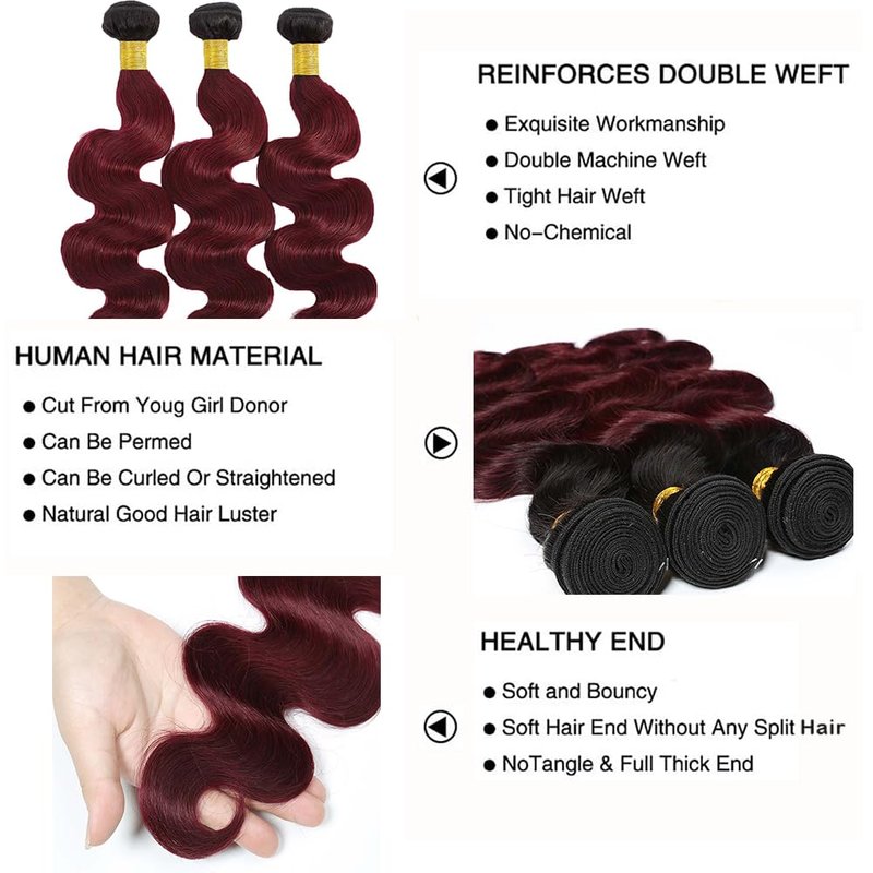 Burgundy Bundles Human Hair Red Human Hair Bundles Body Wave Bundle 12 14 16 Inch Ombre Red 1B99J Bundle Brazilian Virgin Remy Hair Extensions Hair Weave