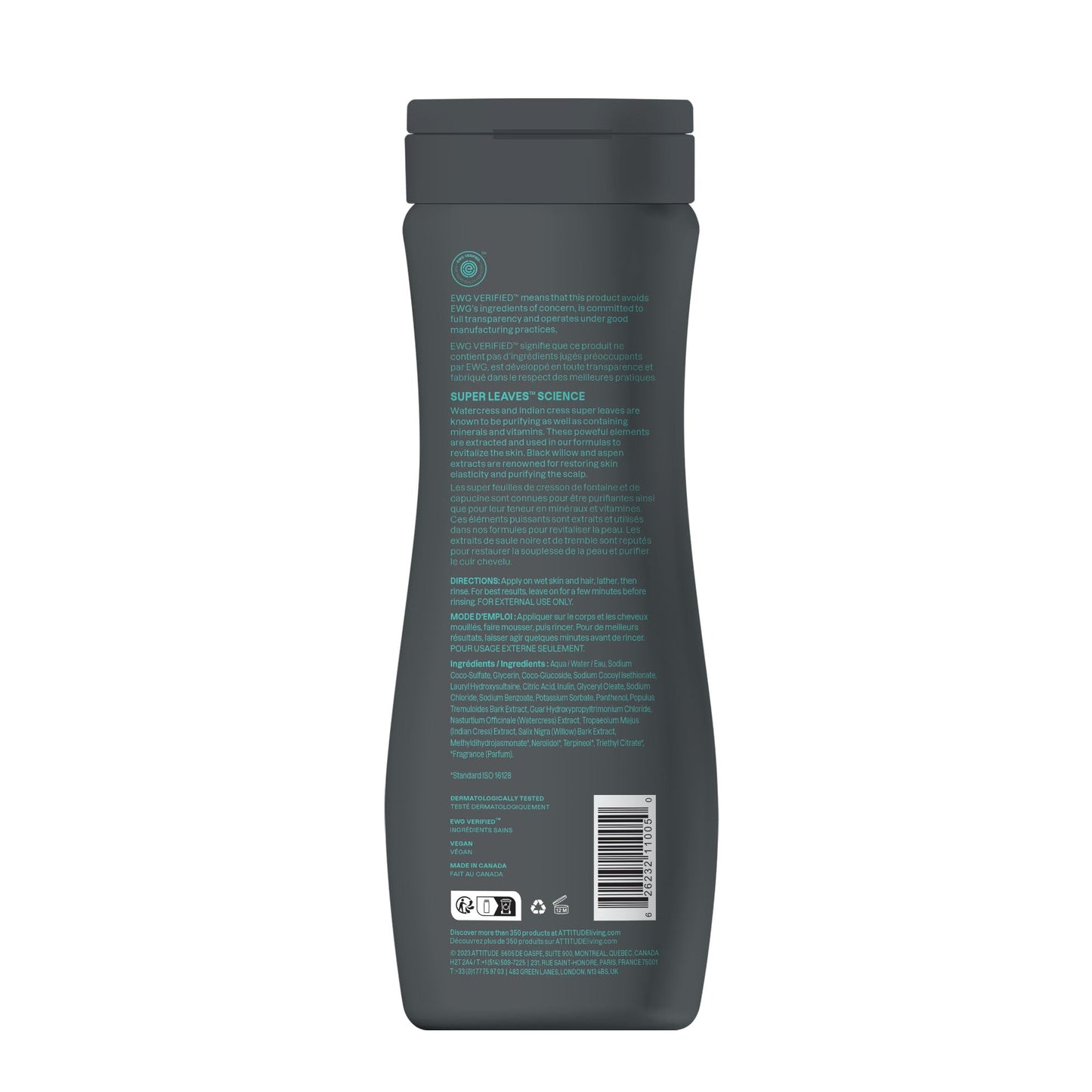 ATTITUDE 2in1 Shampoo and Body Wash, EWG Verified, Plant and Mineral-Based, Vegan Personal Care Products, Black Willow and Aspen, 16 Fl Oz (Pack of 6)