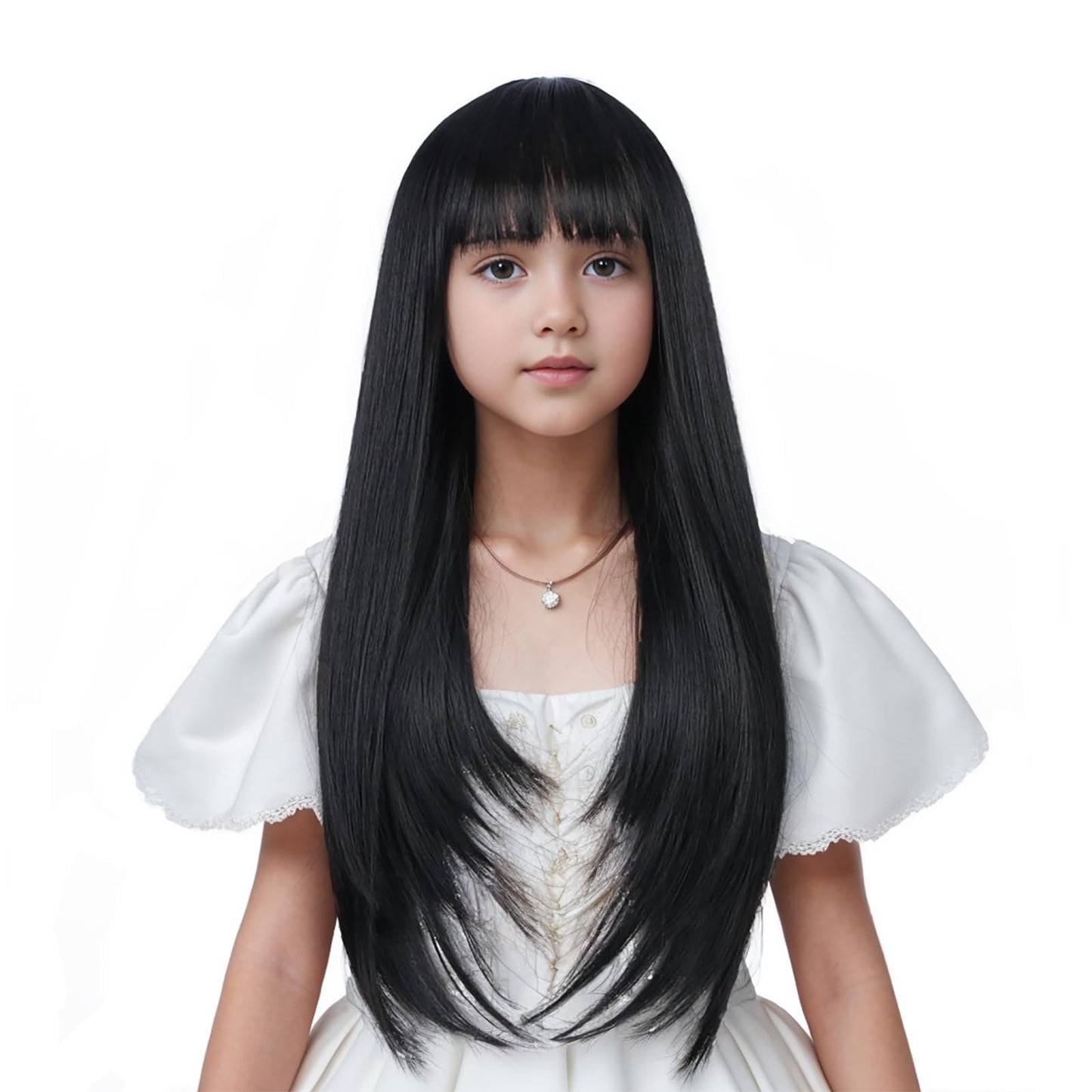 Edivd Black Wig for Child Long Natural Black Wig with Air Bangs for Girls Long Straight Wigs for Kids Heat Resistant Synthetic Wigs with Cap