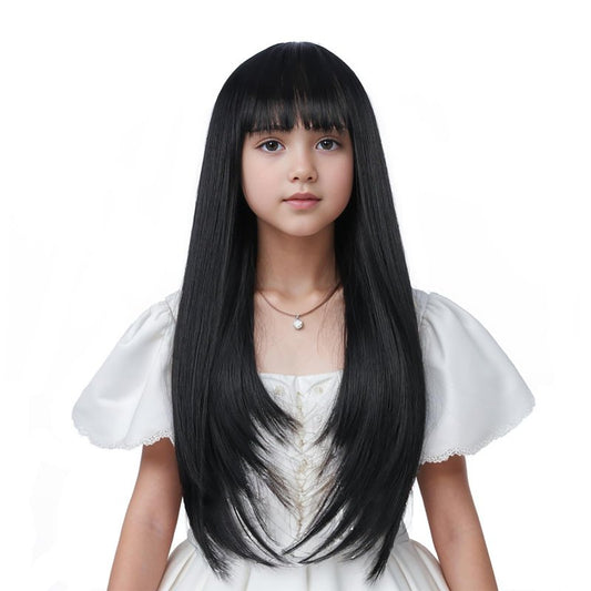 Edivd Black Wig for Child Long Natural Black Wig with Air Bangs for Girls Long Straight Wigs for Kids Heat Resistant Synthetic Wigs with Cap