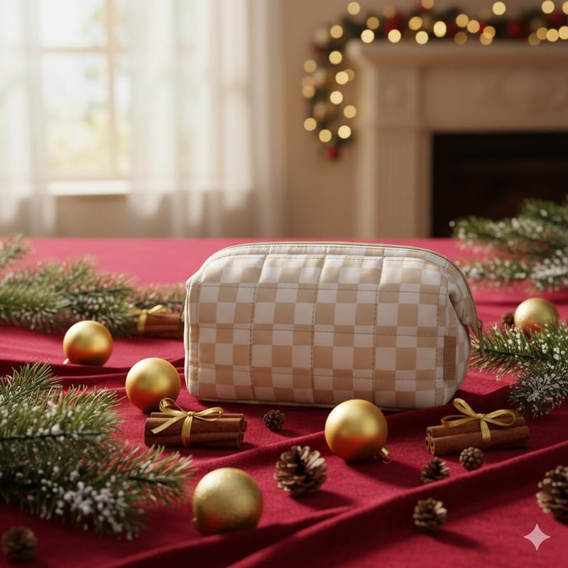 Makeup Bag - Travel Toiletry Organizer for Women | Padded Checkered Khaki Case with Wide-Open Design