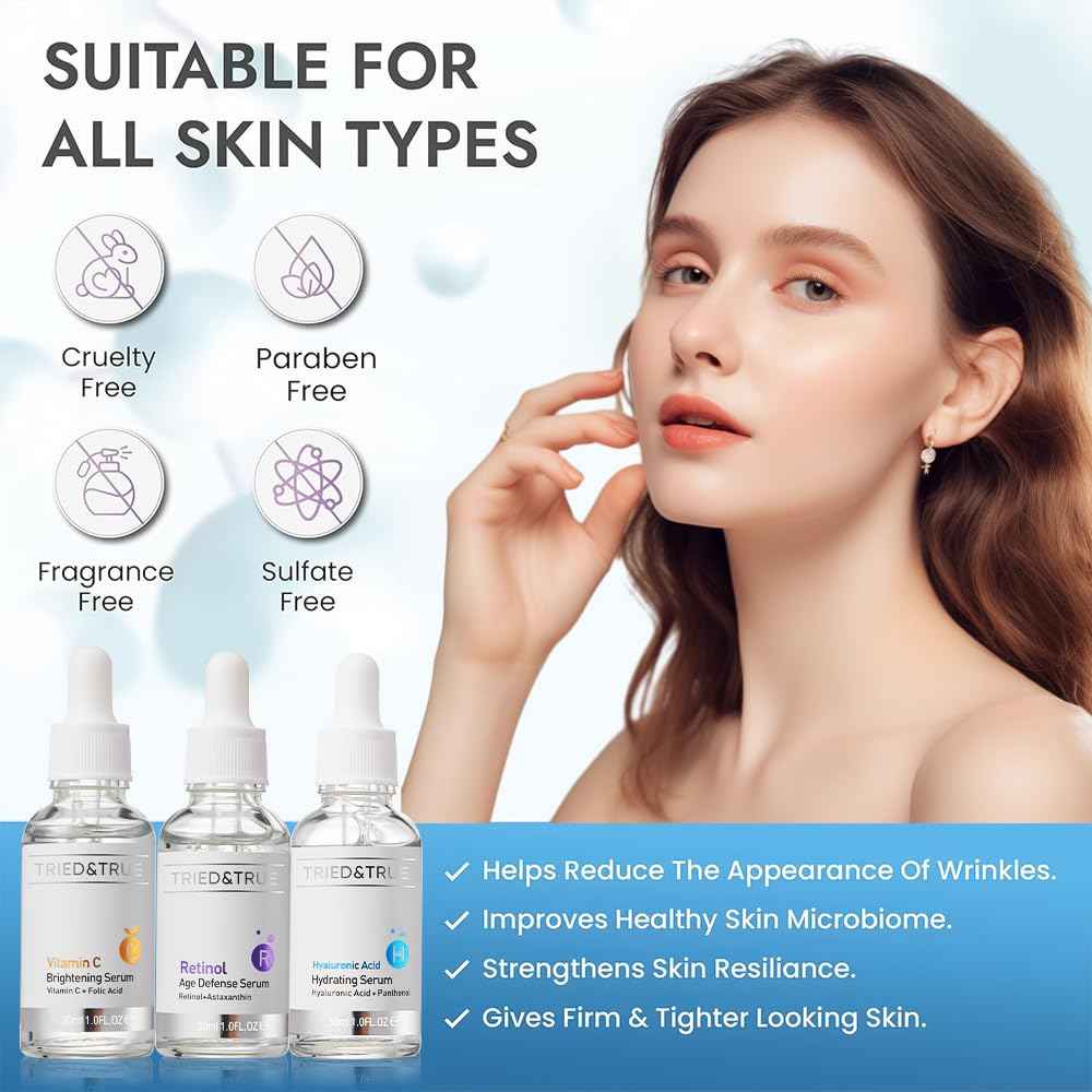 The Ageless Beauty Kit- Retinol Serum, Vitamin C Serum, and Hyaluronic Acid Serum- Skin brightening, anti-aging, skin perfecting kit- 3 Serum Set- TRIED & TRUE