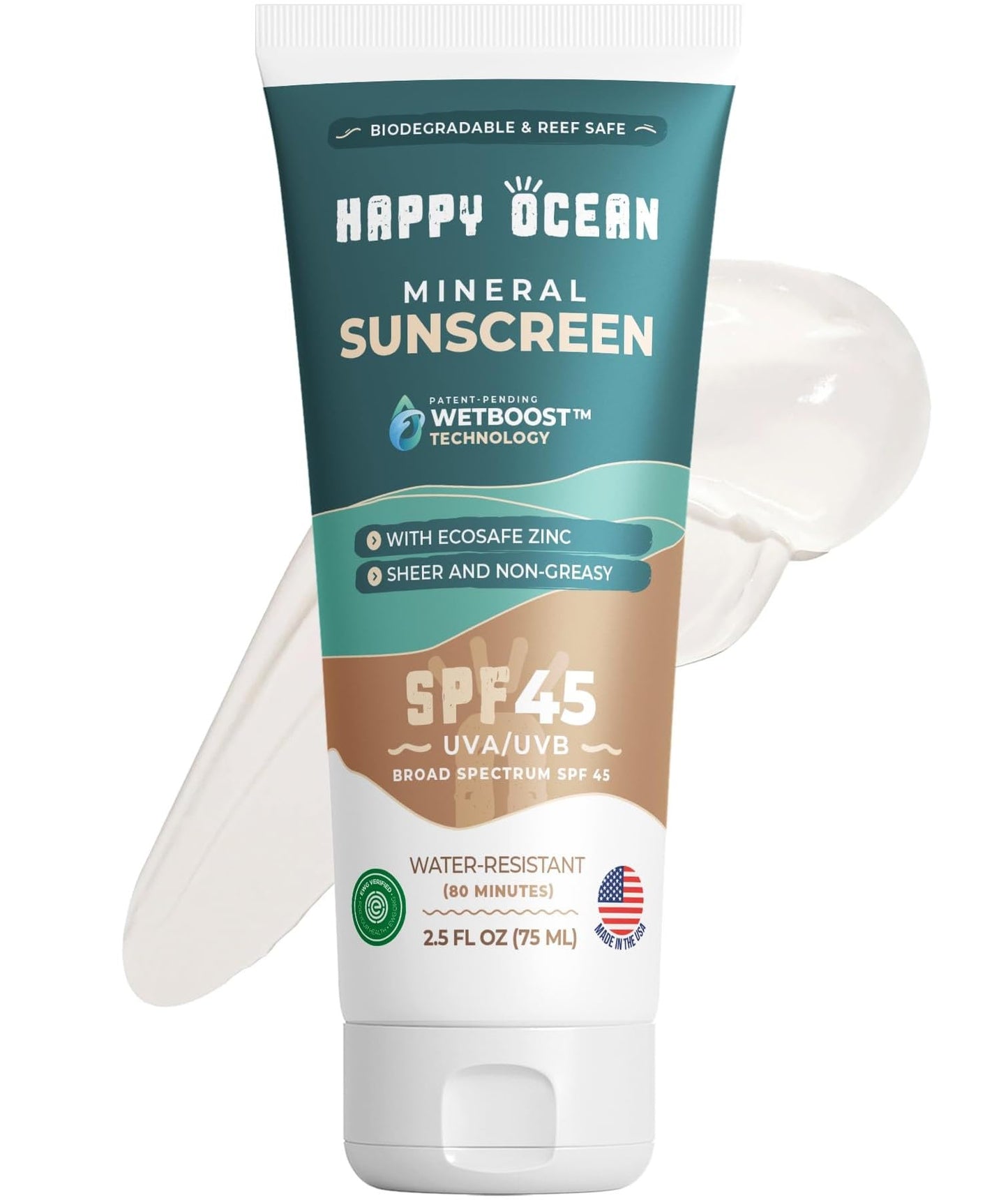 Happy Ocean Reef Safe Sunscreen SPF 45 – Biodegradable Zinc Oxide, Wet Boost Technology, Water Resistant 80 Min, Travel Size 2.5 oz